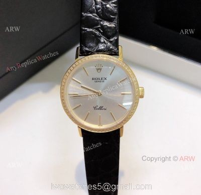 Diamond Rolex Cellini Ladies Leather Strap Yellow Gold Watch Replica