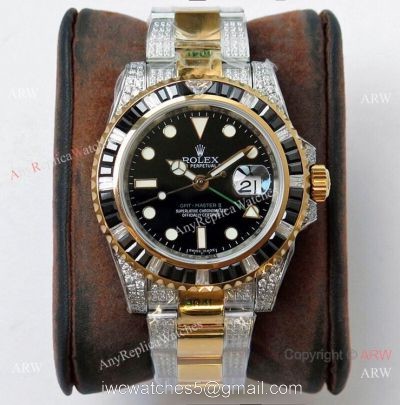 (ROF) Super Clone Rolex GMT-master II Diamonds Watch Two Tone Black Dial  Custom Made