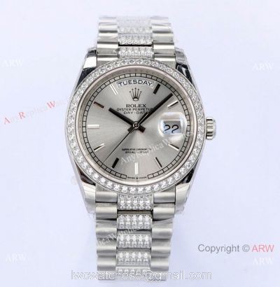 (EWF) Highest Quality Rolex Day-Date Wrist 36mm Silver Dial Center Diamond Band