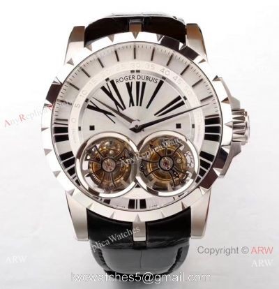 Super Clone Roger Dubuis Excalibur Skeleton Double Flying Tourbillon Watch Silver Dial