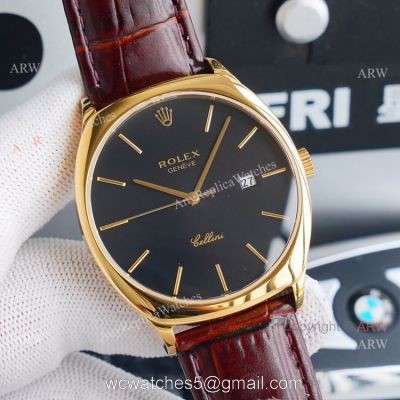 Yellow Gold Rolex Cellini Black Dial Brown Leather Strap Replica Watch