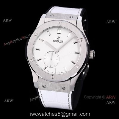 Stainless Steel Hublot Classic Fusion 42mm White Dial White Leather Strap Watch Replica