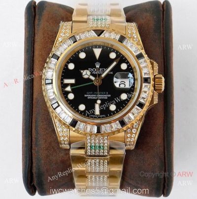 (ROF) AAA Swiss Rolex GMT-Master II Custom Watch  Black Diamond Bezel All Gold 40mm