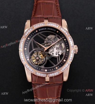 Super Clone Roger Dubuis Excalibur Skeleton Swiss Tourbillon JBF V3 Diamond Black Dial Watch Rose Gold