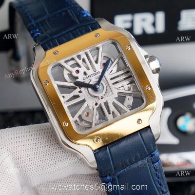 (TW )Best Replica Mens Santos De Cartier Skeleton Two Tone Watch With Blue Leather Strap