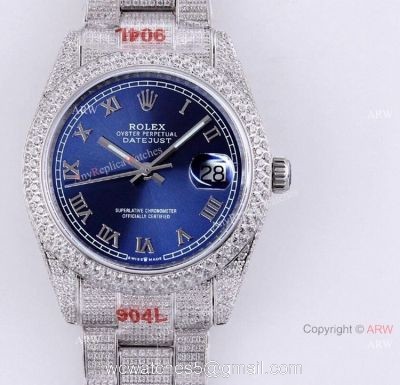 Diamond Rolex Datejust Blue Dial Roman Numerals Automatic Watch Best Replica
