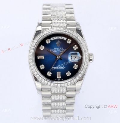 (EWF) Super Clone Swiss 3255 Rolex Day-Date Diamond 36mm Wrist Blue Gradient Center Diamond Strap