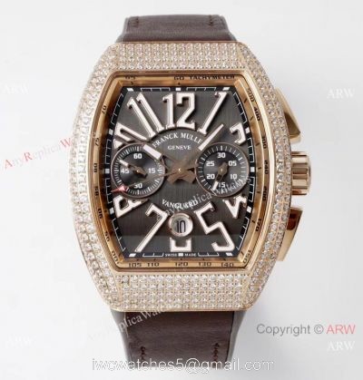 Swiss Grade One Copy Franck Muller Vanguard Yachting V45 Seagull 7750 Watch Diamond Case Brown Dial