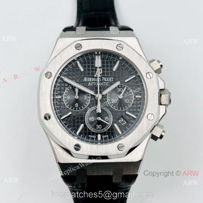 Best Copy Audemars Piguet Chronograph Royal Oak Watch Black Leather Strap