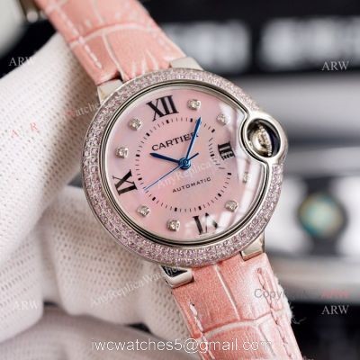 New Cartier Ballon Bleu 33mm With Diamonds Bezel Pink MOP Dial Pink Leather Strap Copy Watch