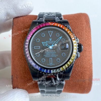 All Black Rolex Blaken Submariner Rainbow Diamond Bezel Blue Markers Swiss Grade Replica Watch