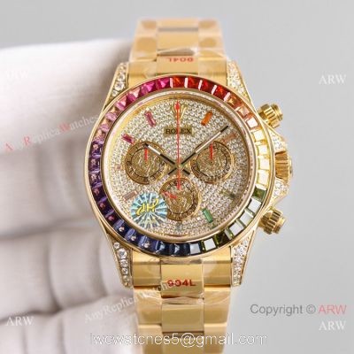 2021 NEW! Swiss Copy Rolex Daytona JH 7750 Watch Rainbow Yellow Gold Full Diamond Dial