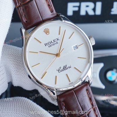 High Copy Vintage Rolex Cellini Stainless Steel Watch With A Brown Leather Strap