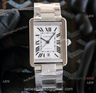 V9 Factory Faux Cartier Tank Automatic Mens Watch Stainless Steel With White Dial