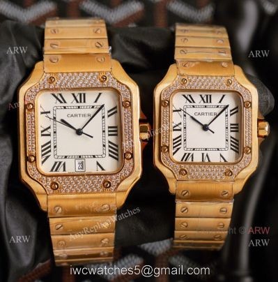 Swiss Quartz Cartier Santos Gold Copy Watch With Diamonds White Dial With Roman Markers