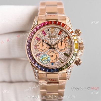 2021 NEW! Swiss Copy Rolex Daytona JH 7750 Watch Rainbow Rose Gold Full Diamond Dial