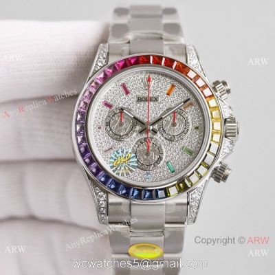 2021 NEW! JH Swiss Rolex Daytona 7750 Watch Rainbow Stainless Steel Full Diamond Face