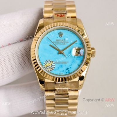 2021 NEW! Swiss Replica Rolex Oyster Perpetual Datejust 36mm Turquoise Dial Yellow Gold Watch