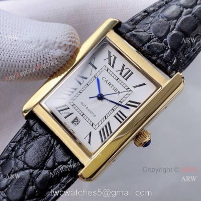 Yellow Gold Cartier Tank Automatic Copy Watch In Black Leather Strap White Dial