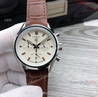 Quartz Tag Heuer Carrera White Dial Brown Leather Strap Knockoff Watches 40mm
