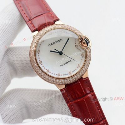 Swiss Quality Replica Cartier Ballon Bleu 36mm Rose Gold Diamond Bezel White Mop Dial Automatic Watch