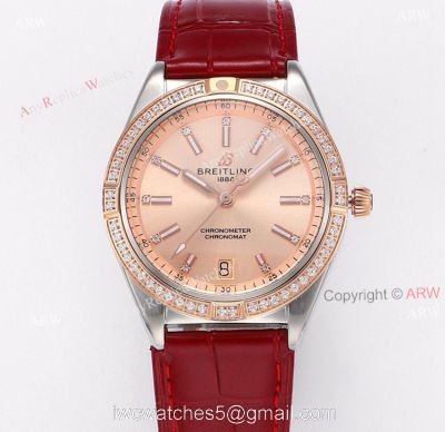 2021 Copy Breitling Chronomat 36 Rose Gold Watch With Red Leather Strap
