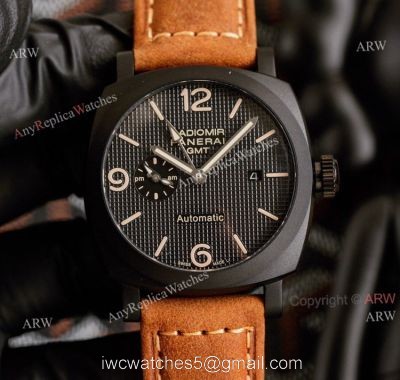 All Black Panerai Radiomir GMT Automatic Watch 45mm Brown Leather Strap High Copy