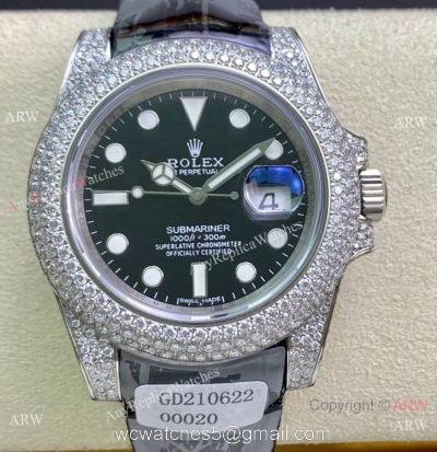Swiss Quality Rolex Submariner Limited Edition Watch Iced Out Leather Strap