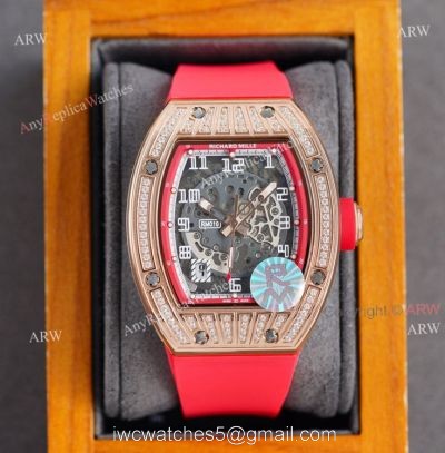 (RM Factory) Knockoff Richard Mille Rm010 Rose Gold Skeleton Watch Red Rubber Strap