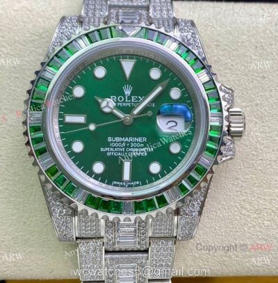 Swiss Replica Rolex Iced Out Submariner Watch 904L Stainless Steel Green Diamond Bezel