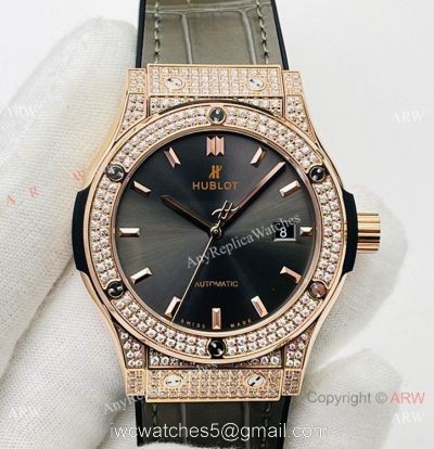 HB V3 version Hublot Classic Fusion Iced Out Watch Rose Gold Gray Dial Super Clone HUB1213 Movement