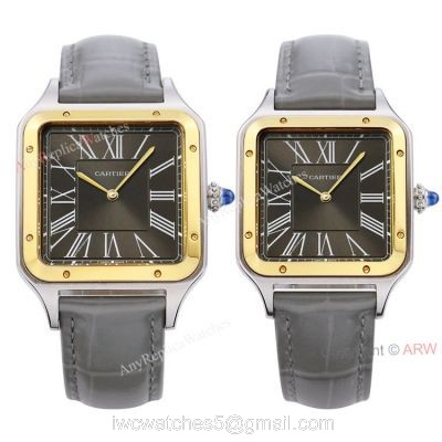 Buy The Best Cartier Santos Dumont Couple Watches Grey Dial Grey Leather Strap Replica