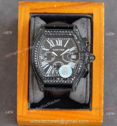 Iced Out Cartier Roadster All Black Watches Leather Strap