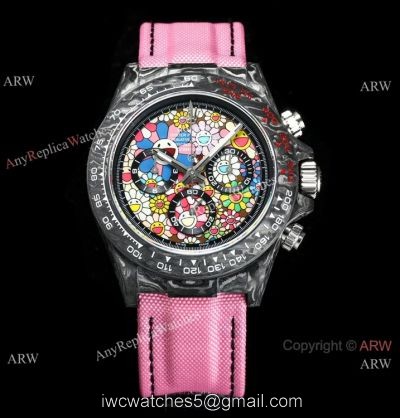 New! TW Swiss Rolex Carbon-Lime Daytona 7750 Watch Pink Fabric Leather Band
