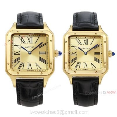 TWF Yellow Gold Cartier Santos-Dumont Gold Face Black Leather Strap Copy Watch For Men And Women