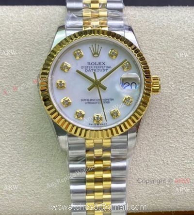 Swiss Copy Rolex Datejust WF 31mm Midsize Watch Two Tone White Mother of Pearl Dial