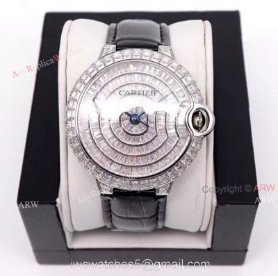 Iced Out Cartier Ballon Bleu 42mm Black Leather Strap Watch Replica