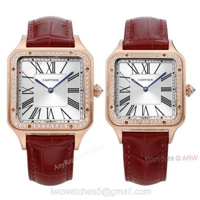 New Faux Cartier Santos-Dumont Rose Gold Couple Watch With Diamonds Bezel Brown Leather Band