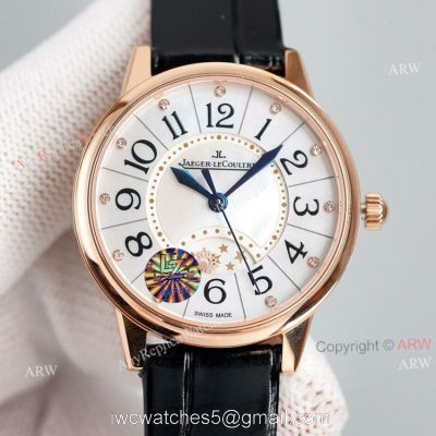 Swiss Replica Jaeger Lecoultre rendez-Vous Classic Night  Day Ladies Watch Black Leather Strap