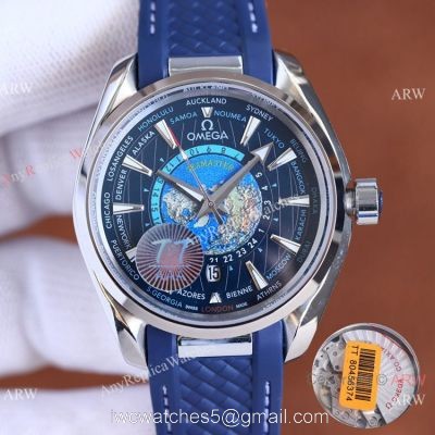 Swiss Quality Omega Aqua Terra Worldtimer Blue Rubber Watch