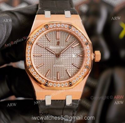 High End Replica Audemars Piguet Royal Oak Rose Gold Grey Dial Automatic Watch With Diamonds Black Leather Strap