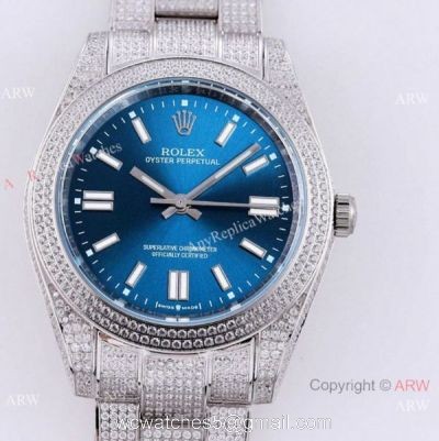 Swiss Quality Iced Out Rolex Oyster Perpetual 41 Full Diamond Case Bucherer Blue Dial