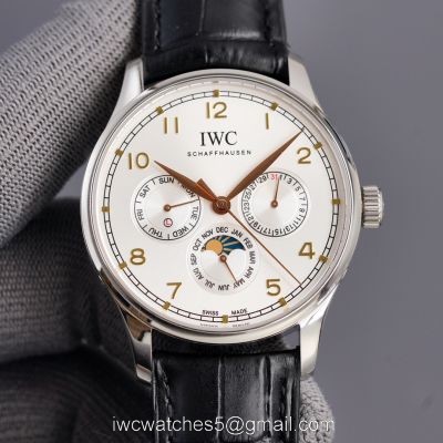 Fake IWC Portuguese Moonphase White Face Arabic 42MM Leather Strap Watch