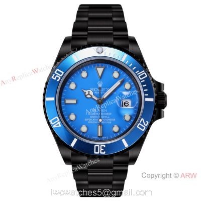 2021! Super Clone Rolex Blaken Submariner Watch Cal.2824 Movement DLC Steel Blue Bezel Blue Dial