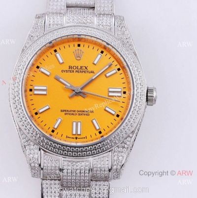 Swiss Quality Iced Out Rolex Oyster Perpetual 41 Wrist Yellow Dial Full Diamond Case