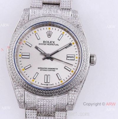 Swiss Quality Iced Out Rolex Oyster Perpetual 41mm Watch Full Diamond Case Silver Dial