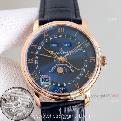 V2 New Upgraded Replica Blancpain Moon Phase Rose Gold Watch Blue Dial Blue Leather Strap