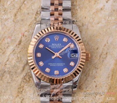 Replica Diamond Rolex Datejust 2-Tone blue Face Watch 31mm Ladies