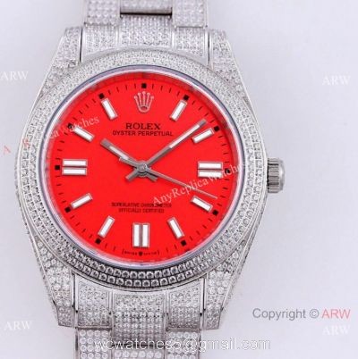 Swiss Quality Rolex Iced Out Oyster Perpetual 41 Copy Watch Coral Red Dial