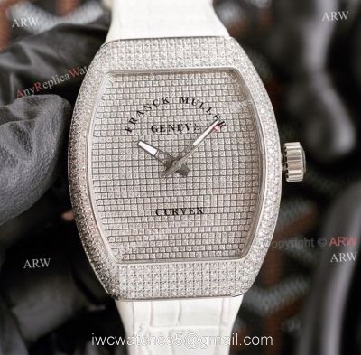 Replica Iced Out Franck Muller V45 Diamond Watch Automatic White Leather Strap